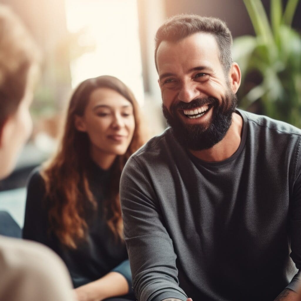 Professional therapists conduct an open group session and a comforting smile, emphasizing the importance of mental health and counseling. Generative ai